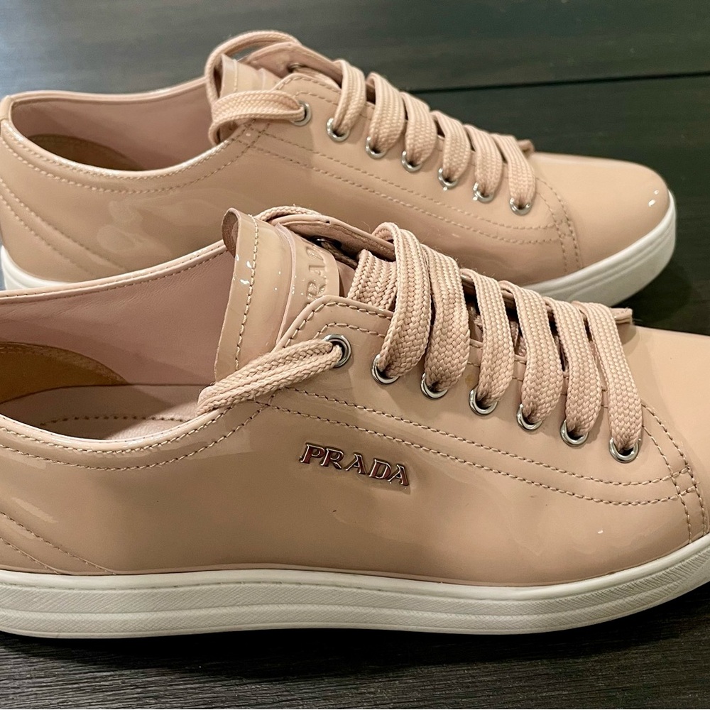 Prada Nude Patent Leather Low Top Sneakers